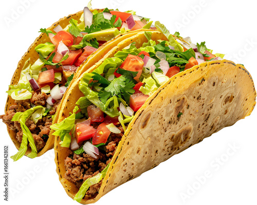 Hard shell taco filled with beef, lettuce, tomato, and cheese