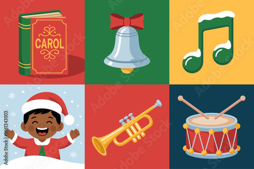 Holiday music icons set, carol book bell note trumpet drum, joyful singer portrait, colorful block layout, winter celebration design, modern vector clipart, printable elements