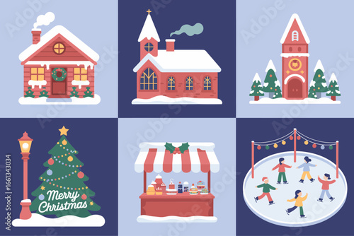 Christmas village town scene set, snowy houses church tree skating rink market stalls, winter holiday illustration, festive city square collection, cute vector clipart, background elements
