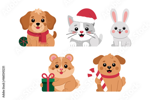 Adorable pets in Christmas outfits, puppies kittens rabbits, holly leaf and gift details, cheerful holiday characters, cute vector illustration pack, seasonal clipart resources