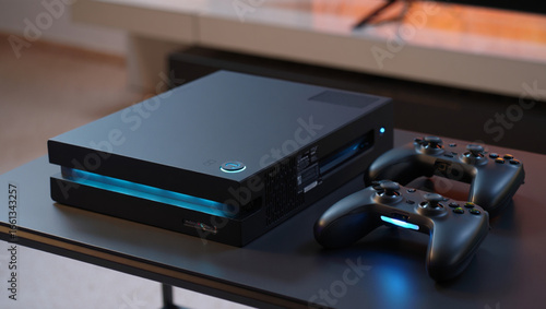 Bild auf Leinwand Modern Gaming Console and Wireless Controllers for Immersive Entertainment at Ho