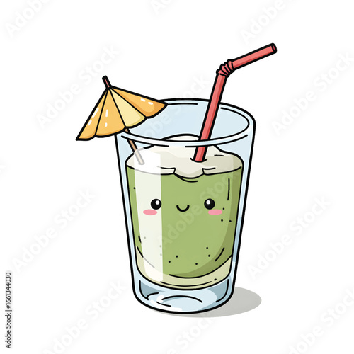 Adorable Kawaii Green Drink with Happy Face, Straw, and Mini Umbrella - Refreshing Cartoon Illustration_vector