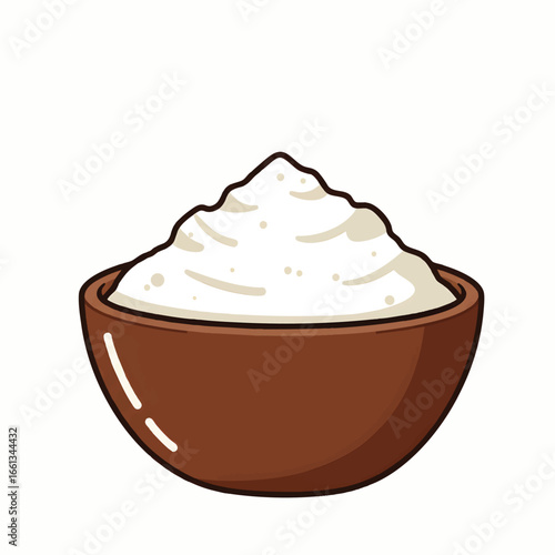 Simple vector illustration of a brown bowl with a heap of white powder, resembling flour or sugar, a fundamental baking ingredient._vector