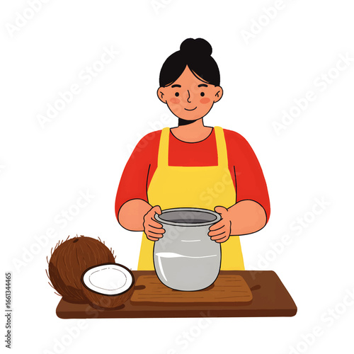 Smiling woman in yellow apron holding a cooking pot with fresh coconuts on a wooden board, preparing a meal._vector