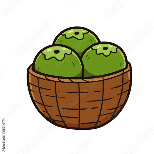 Three Fresh Young Green Coconuts in Woven Basket Cartoon Vector Illustration_vector