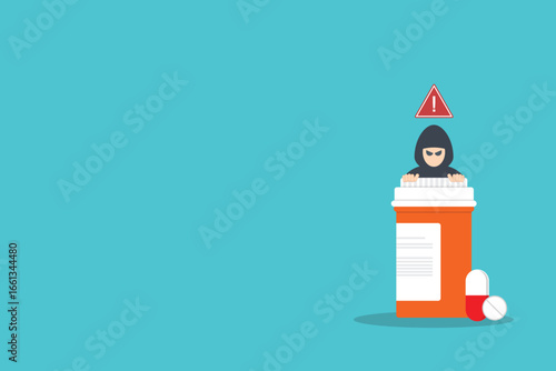 Fake medicine. Pill and tablet with criminal selling illegal drugs. Fake drugs, pharmaceutical. Symbolic for harmful counterfeit pills, risk and danger of illegal produced and sold pharmaceuticals.