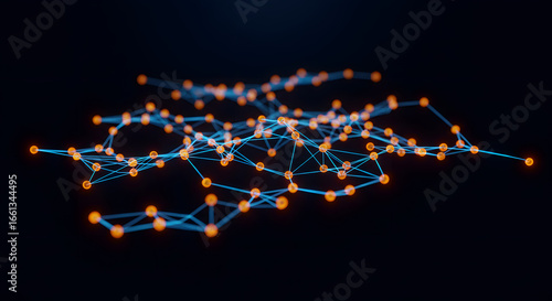 Abstract Network of Glowing Nodes and Connections in Blue and Orange – Digital Technology, Futuristic Network, Data Visualization, and Cyber Concept
