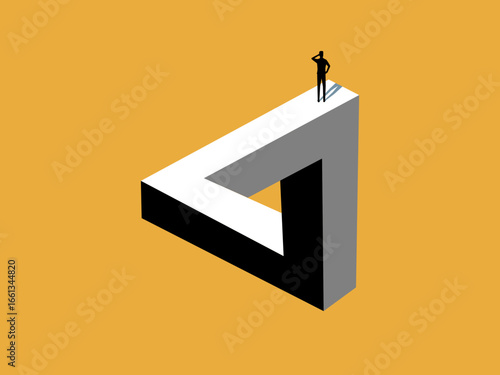 businessman thinks about solving a problem on a Penrose triangle