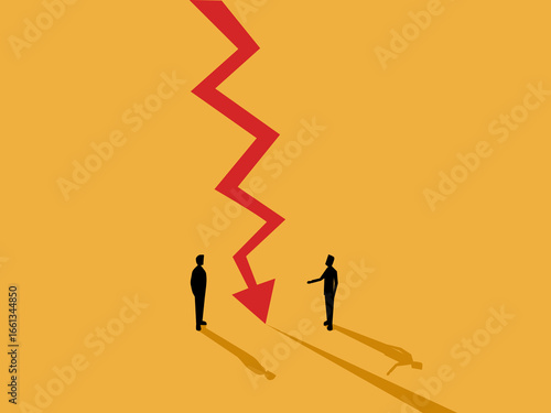 Two businessmen standing looking at a crisis graph, turning a crisis into an opportunity
