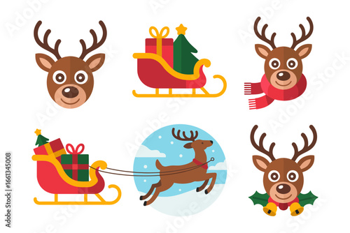 Santa sleigh scenes, flying deer pulling sled, circular snow globe view, cute reindeer heads, holiday transport vector icons, christmas clipart collection, winter celebration elements
