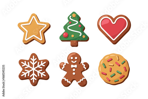 Holiday cookie bundle, star tree heart shapes, snowflake biscuit gingerbread man with buttons, sprinkled round cookie, christmas bakery vector set, cute dessert clipart elements