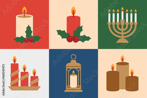 Holiday candle icons, pillar candles with holly, lantern and menorah shapes, square tile layout, christmas and winter celebration vector set, warm decor clipart collection