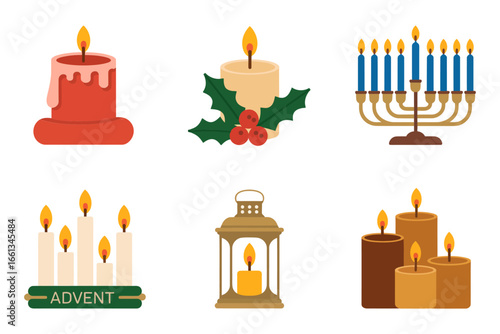 Holiday candle lantern set, advent candles menorah candelabra, pillar candle tealight jar, cozy winter decor icons, festive vector illustration, warm light elements