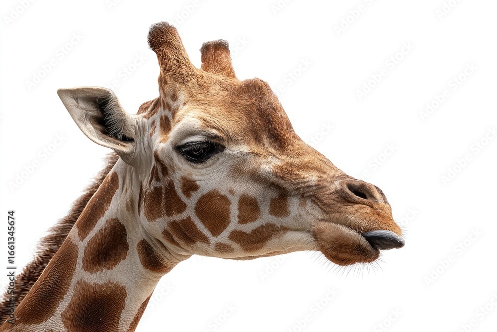 Fototapeta premium Close-up profile of a giraffe's head and neck against white background. Giraffe's distinctive spots and long neck are visible. Tongue slightly extended