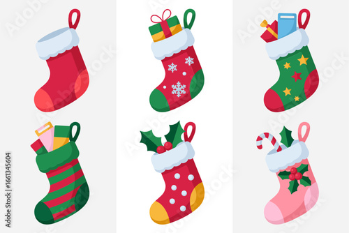 Stocking socks grid, red green stripe patterns, candy cane toy details, minimal square layout, Christmas decor icons, winter celebration vector set, joyful festive elements