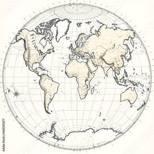 World map vector illustration. August's epicycloidal conformal projection. Plain world geographical map with latitude and longitude lines. Centered to 0deg longitude.