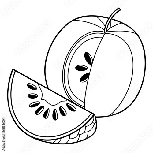 Detailed line art illustration of a sliced tomato with seeds and a wedge piece, perfect for educational or culinary design