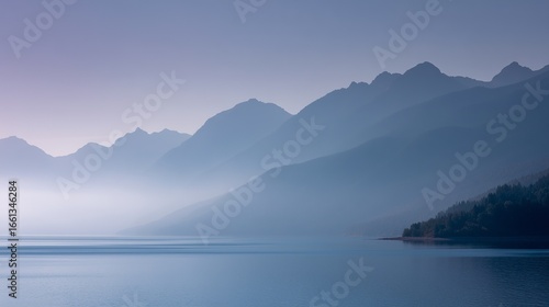 Minimalist landscape with distant low mountain range in soft gray outlines reflected on a calm gray-blue lake, 70% water, thin strip of pale sky, smooth gradients, no elements