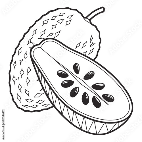Illustration of a Soursop Fruit with Seed Details and Diamond Patterned Skin Texture in Black and White