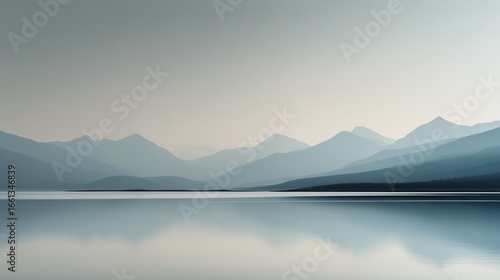 Minimalist landscape with distant low mountain range in soft gray outlines reflected on a calm gray-blue lake, 70% water, thin strip of pale sky, smooth gradients, no elements