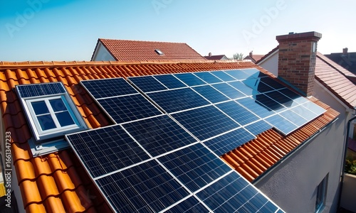 Modern residential rooftop solar panels harness clean energy under a clear blue sky