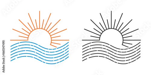 Sea sunset icon in linear style. Symbol of sun and water waves color and black version. Clip art logo sun, vector graphics