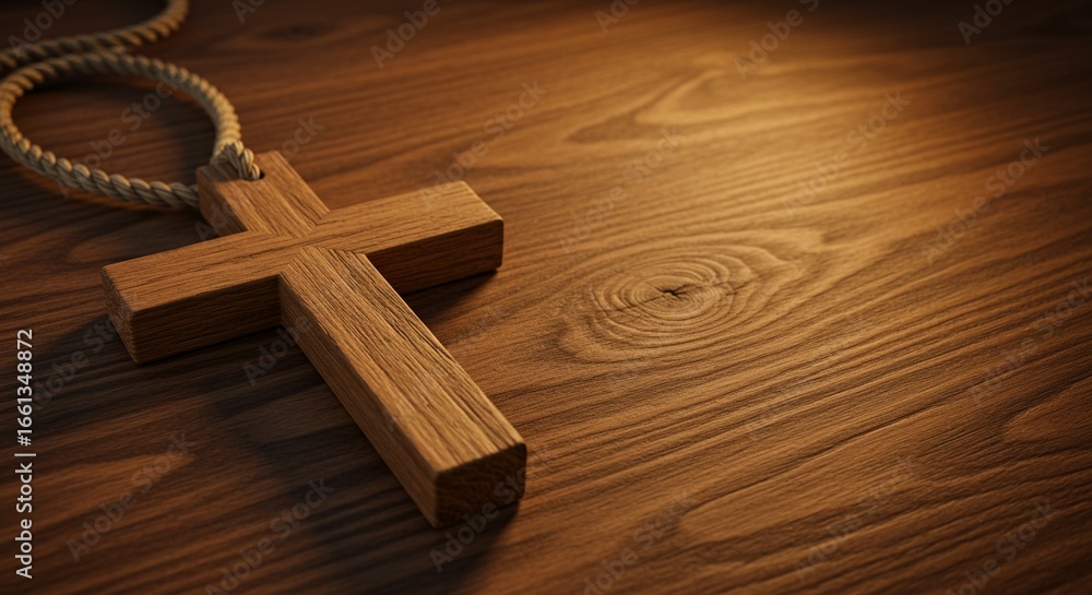 Obraz premium Close-up of handmade wooden cross with natural rope on rustic background, detailed texture, warm tones, realistic stock image, no text, no people