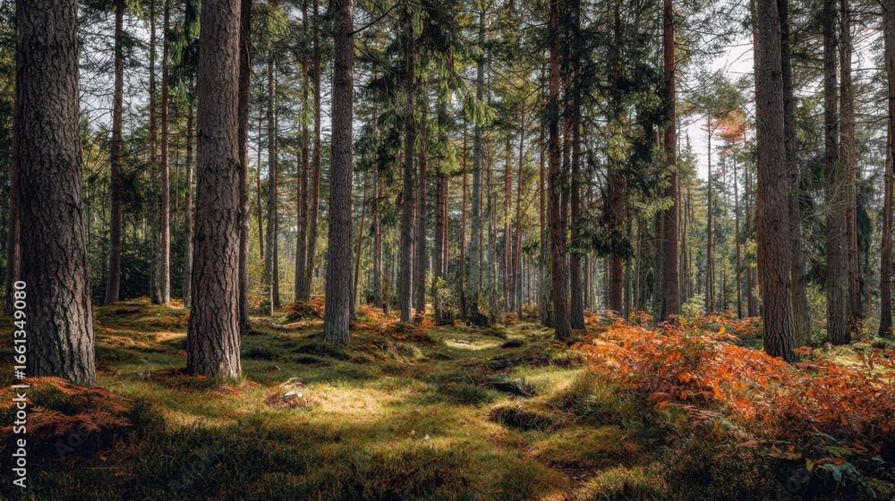 Naklejka premium The serene forest landscape featuring tall trees and vibrant autumn foliage.