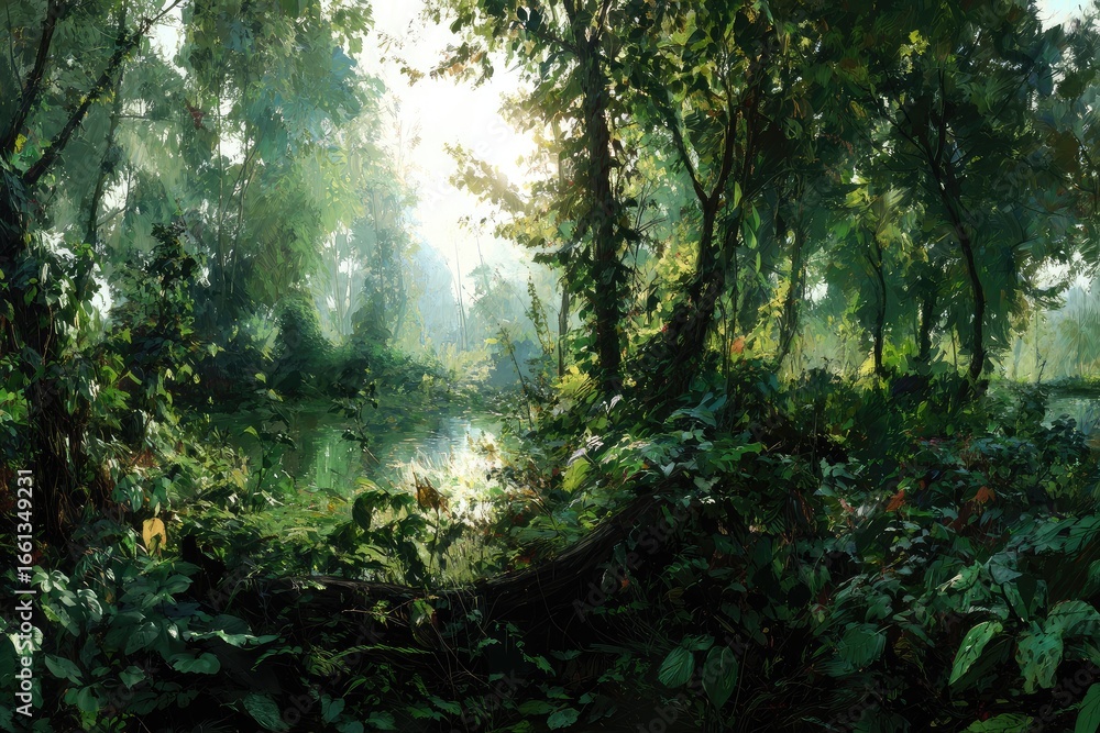 Obraz premium Lush, sunlit forest scene with a tranquil stream