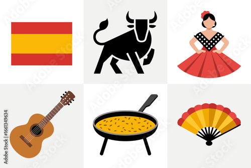 Spain culture mix, flag, bull, flamenco dancer, guitar, paella pan, fan, fiesta icons, travel sticker vector