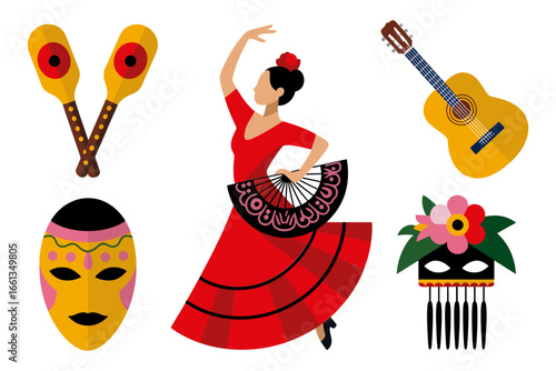 Tapas and snacks vector, tortilla slice, churros, croquetas, sangria glass, paella pan, restaurant menu icons, food clipart