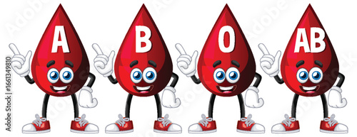 Cartoon Blood Drops Representing Four Blood Types