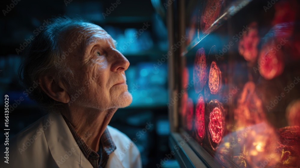 Obraz premium An elderly Caucasian man with gray hair examines colorful petri dishes in a laboratory. He wears a white lab coat and looks thoughtfully at the samples.