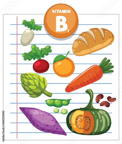 Vitamin B1 Rich Foods Vector Illustration on Paper