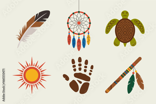 Nature spirit icons, feather dreamcatcher turtle sun handprint decorated stick, boho folk set, vector illustration