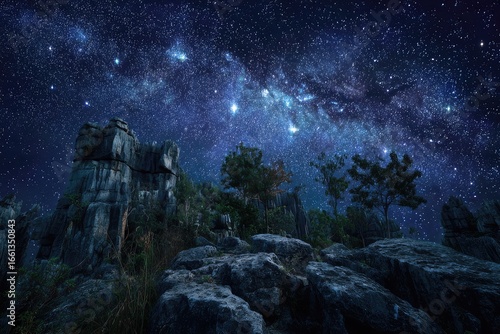 Fototapeta Naklejka Na Ścianę i Meble -  Night sky with Milky Way over rocky landscape