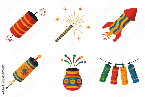 Festival fireworks kit, rocket fountain sparkler, ladi garland, colorful celebration elements, holiday vector graphics