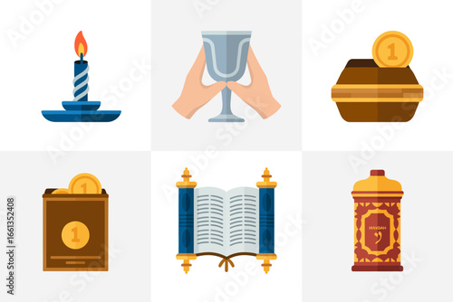 Jewish ritual items set, havdalah candle challah cover kiddush cup prayer shawl charity box, vector