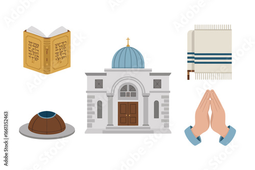Prayer book and synagogue, challah bread cap and tallit, family worship illustration vector