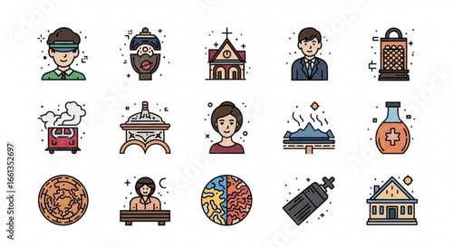 Collection of diverse icons including people, buildings, nature, science, and cultural elements present