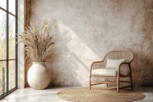 Wooden chair positioned against a stucco wall with wall decor, contributing to rustic style interior design for a modern living room. 3D rendering, Generative AI