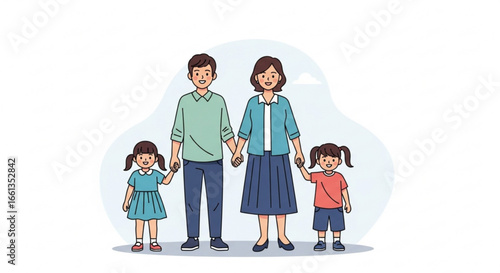 Illustration of a family with mother father and two daughters holding hands and smiling happily