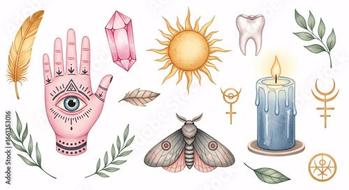Mystical Watercolor Set with Third Eye Hand, Sun, Crystal, Candle, Symbols, Moth, Feathers and Esoteric Elements Illustration
