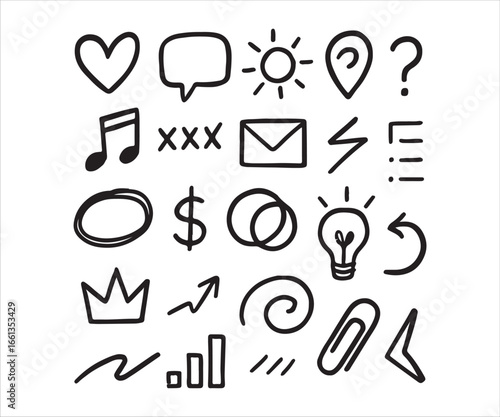 Hand Drawn Doodle Icon Set for Web Design and Creative Projects with Heart Speech Bubble Sun Map Marker and Question Mark