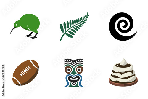 New Zealand culture symbols, fern frond and koru spiral, rugby ball and tiki mask, pavlova dessert, souvenir icons, vector clipart, heritage design, tourism graphics