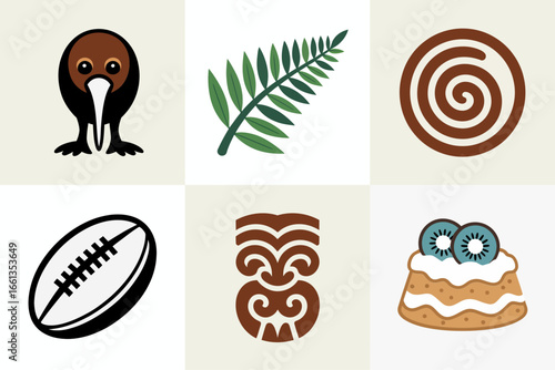 New Zealand icons grid, kiwi bird, fern leaf, koru spiral, rugby ball, tiki pattern, pavlova cake slice, cultural souvenir set, travel vector clipart, nature graphics
