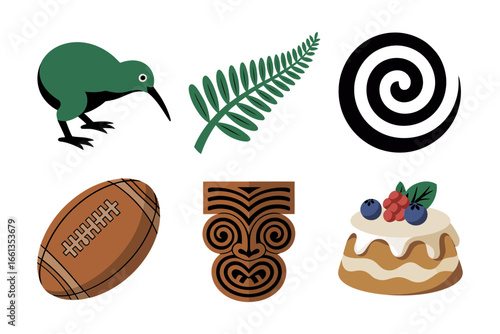 Kiwi bird and fern set, koru spiral and rugby ball, tiki carving and pavlova cake, New Zealand icons, cultural souvenir vector, travel clipart, nature theme