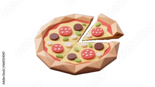Polygonal pizza with pepperoni and vegetables in flat design  