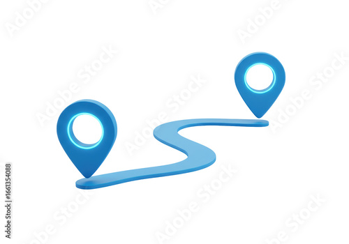 Isolated Winding Blue Route Between Two Glowing Map Pins