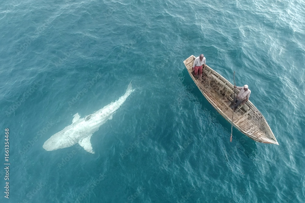 Obraz premium Two fishermen in a small wooden boat are observing a large shark swimming nearby in clear, turquoise water, creating a captivating scene of human and wildlife interaction